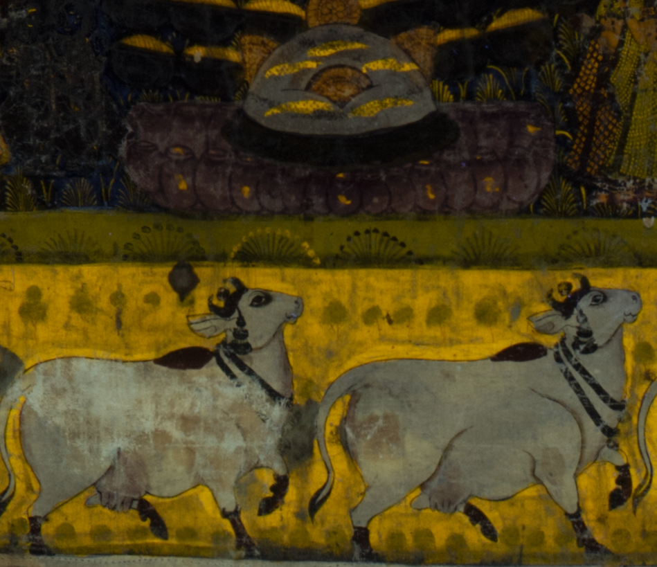 A yellow background and small strips of yellow above glow bright against darker figures of cows and flowers.