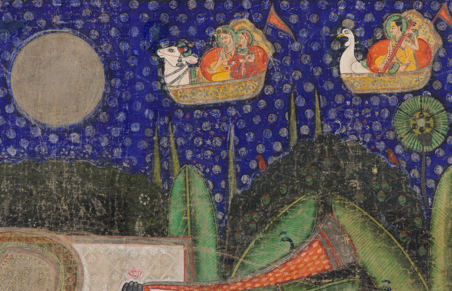 Two chariots with animal figureheads fly across a deep blue sky. One carries a man and woman with green halos and the other a man holding a lute.