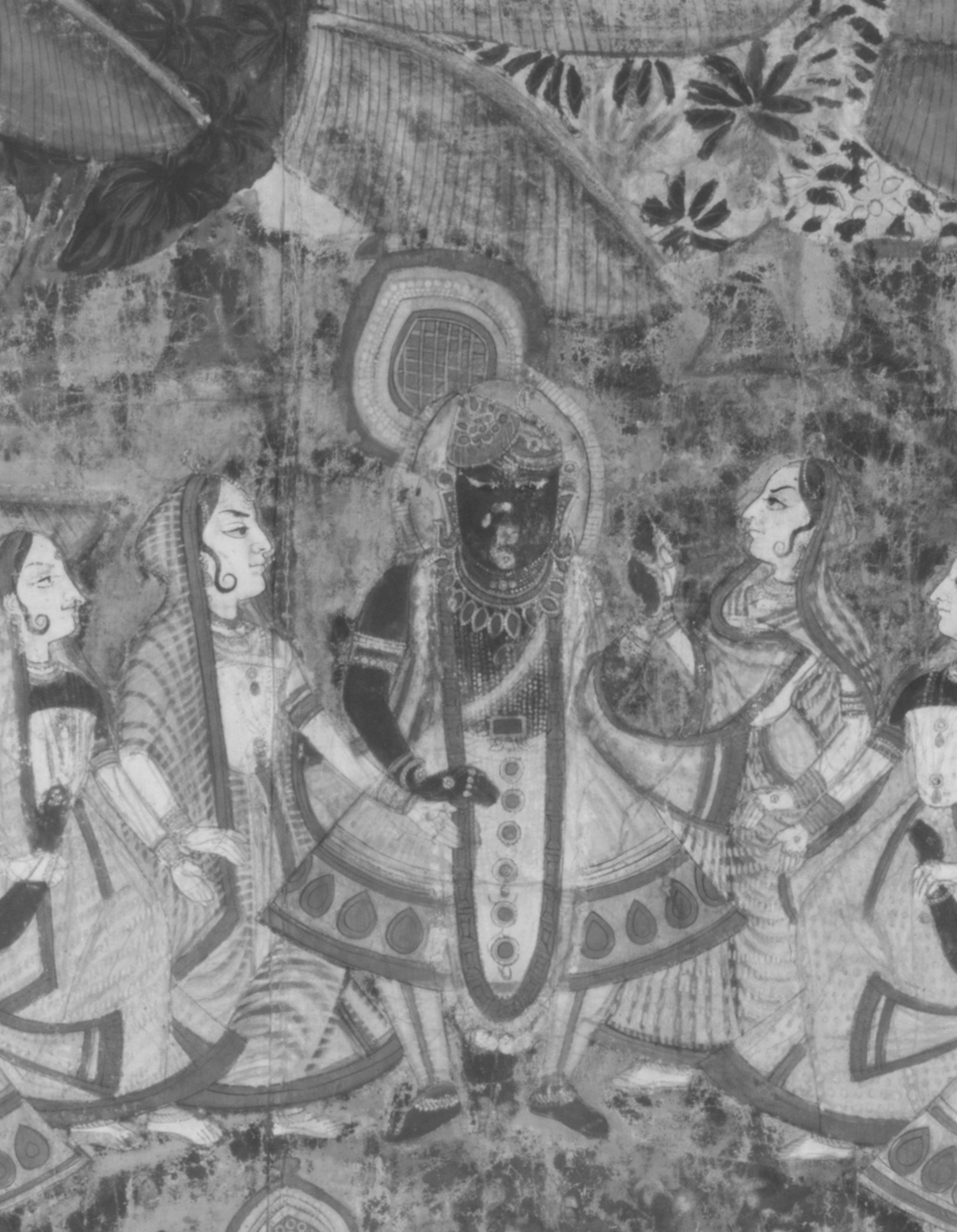 In grayscale, a dark figure adorned in jewels dances among four paler women under banana trees.