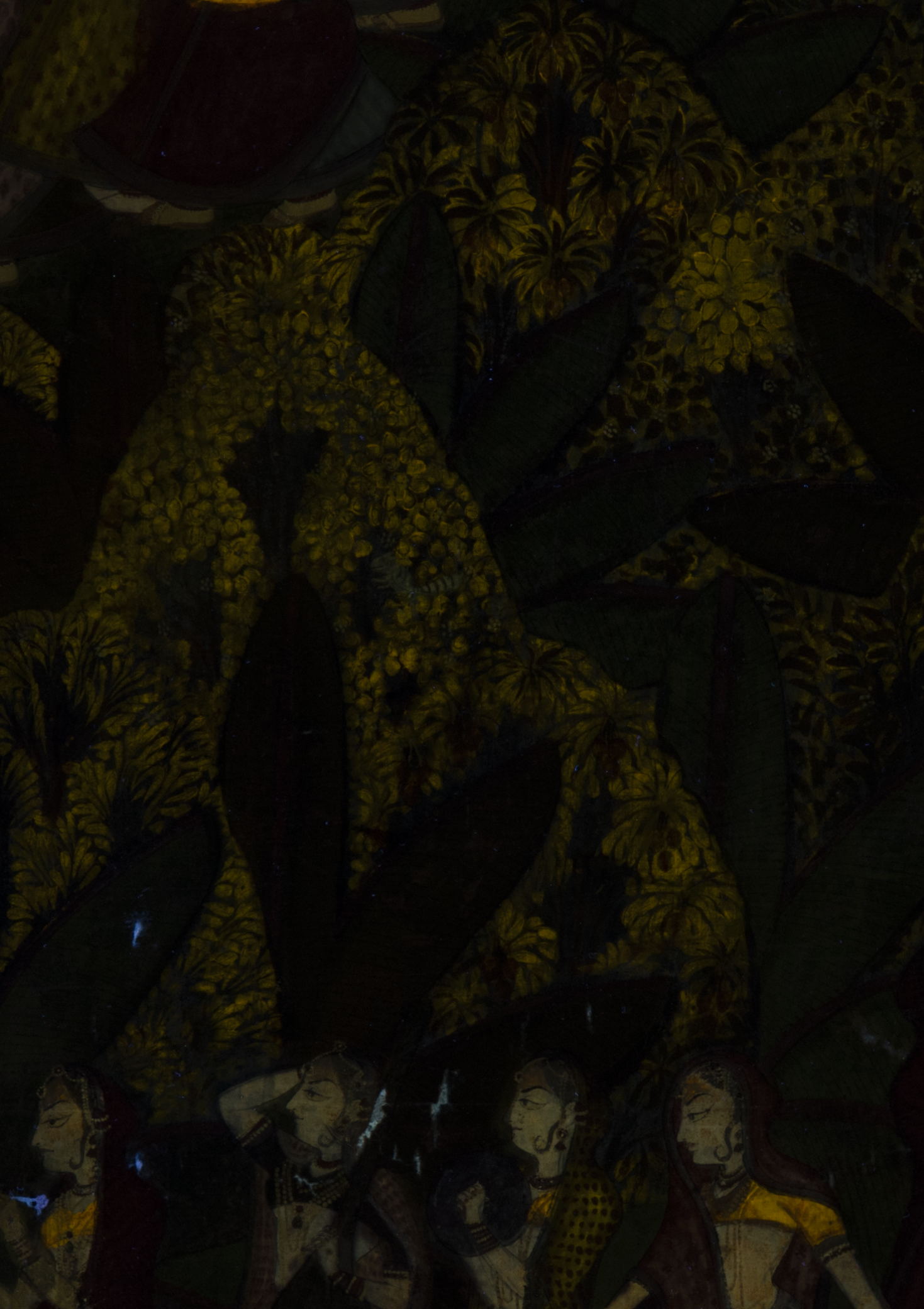 Tightly packed leaves with detailed brushstrokes glow yellow among darkened plantains. Parts of garments on women at the bottom also glow.