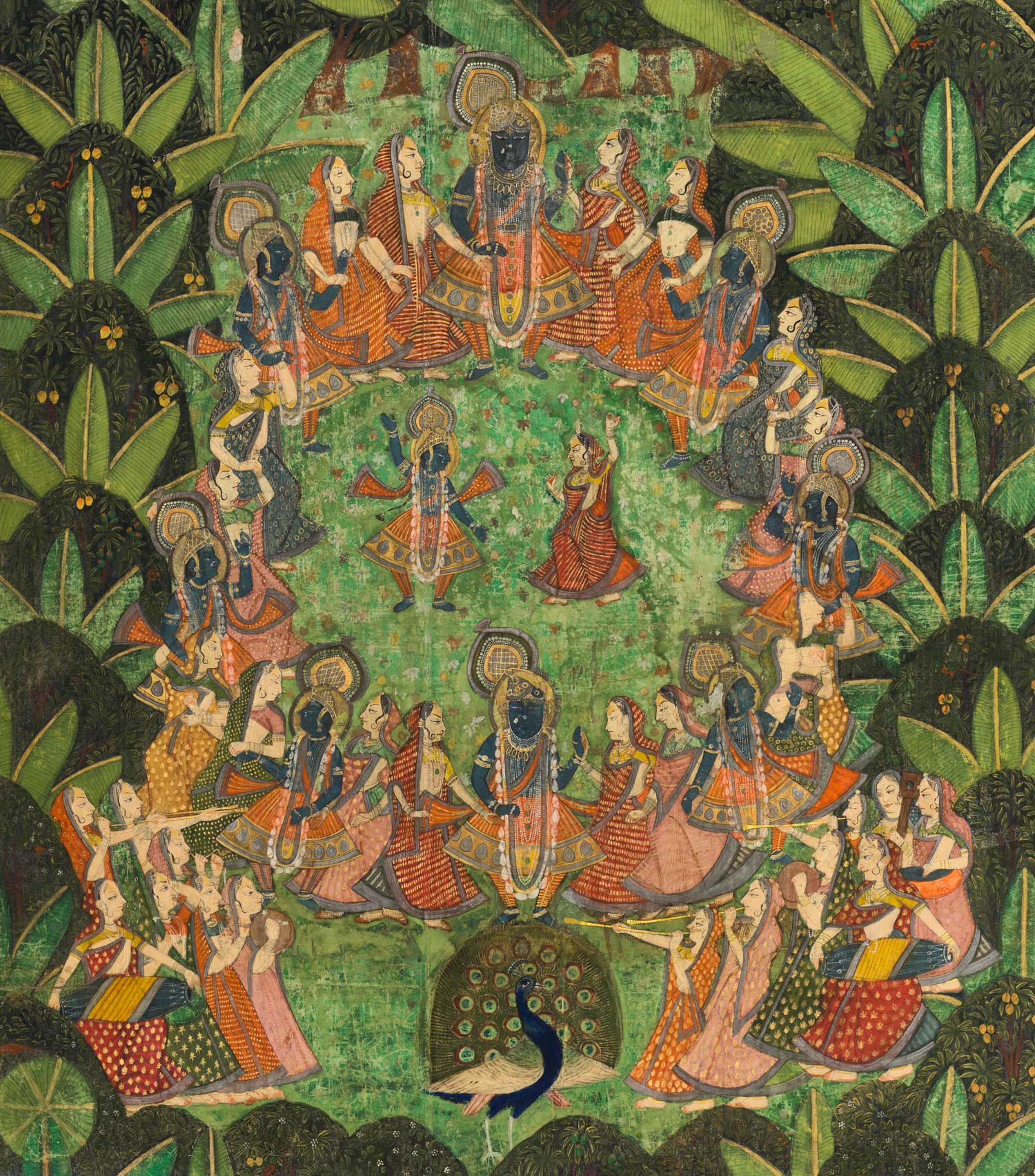 In a green grove, a woman with peach-colored skin dances with a man with blue skin, surrounded by a circle of similar pairs.