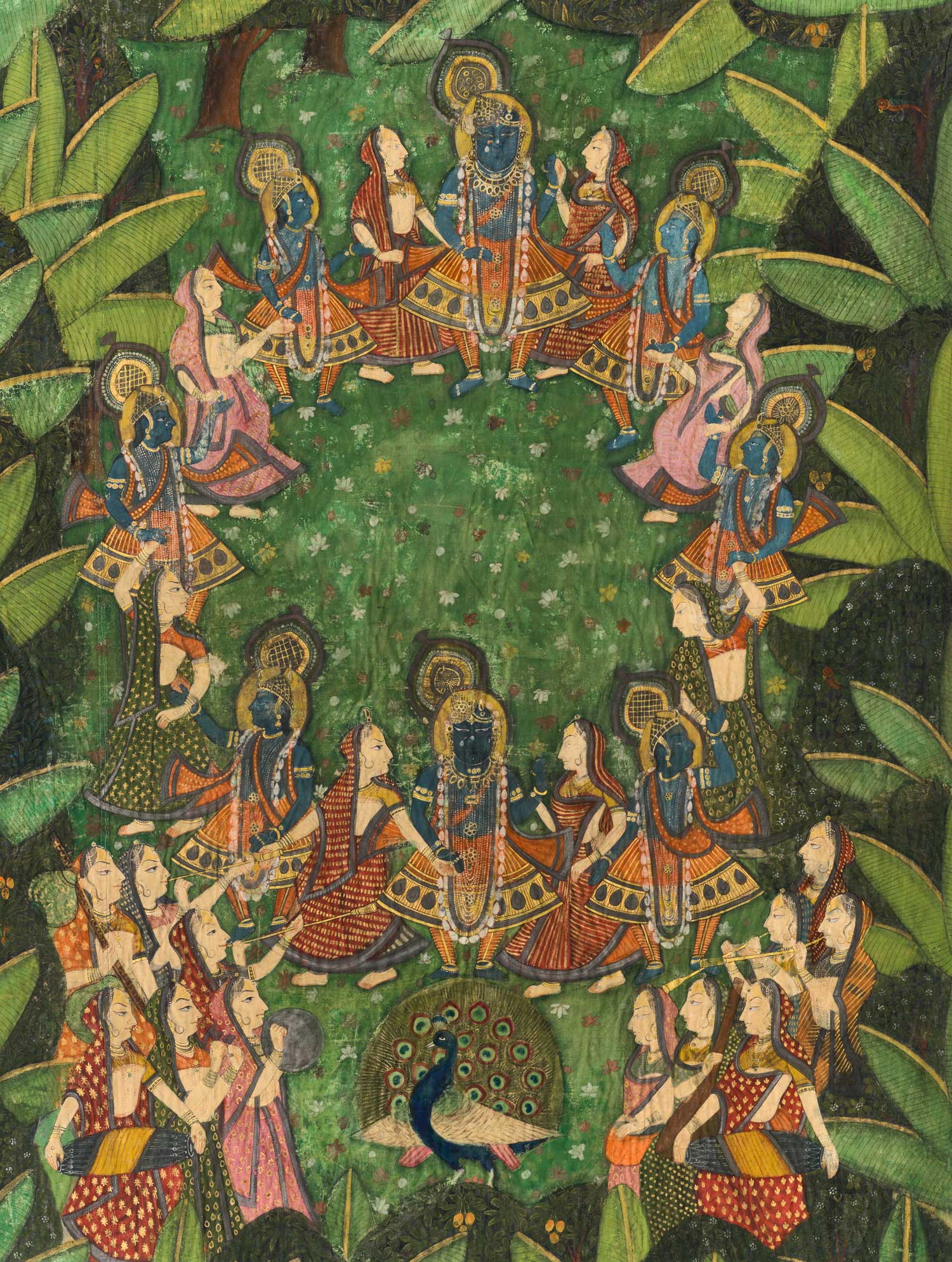 In a green grove, women with peach-colored skin and men with blue skin dance in a circle. Below, a peacock spreads its wings and women play instruments.