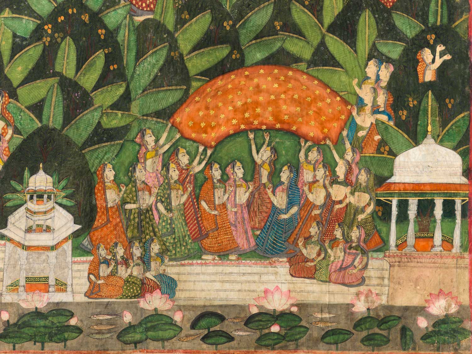 Eighteen women in colorful garments raise a large red cloth over their heads. At bottom, white stairs lead to the bank of a silvery river filled with pink lotuses.