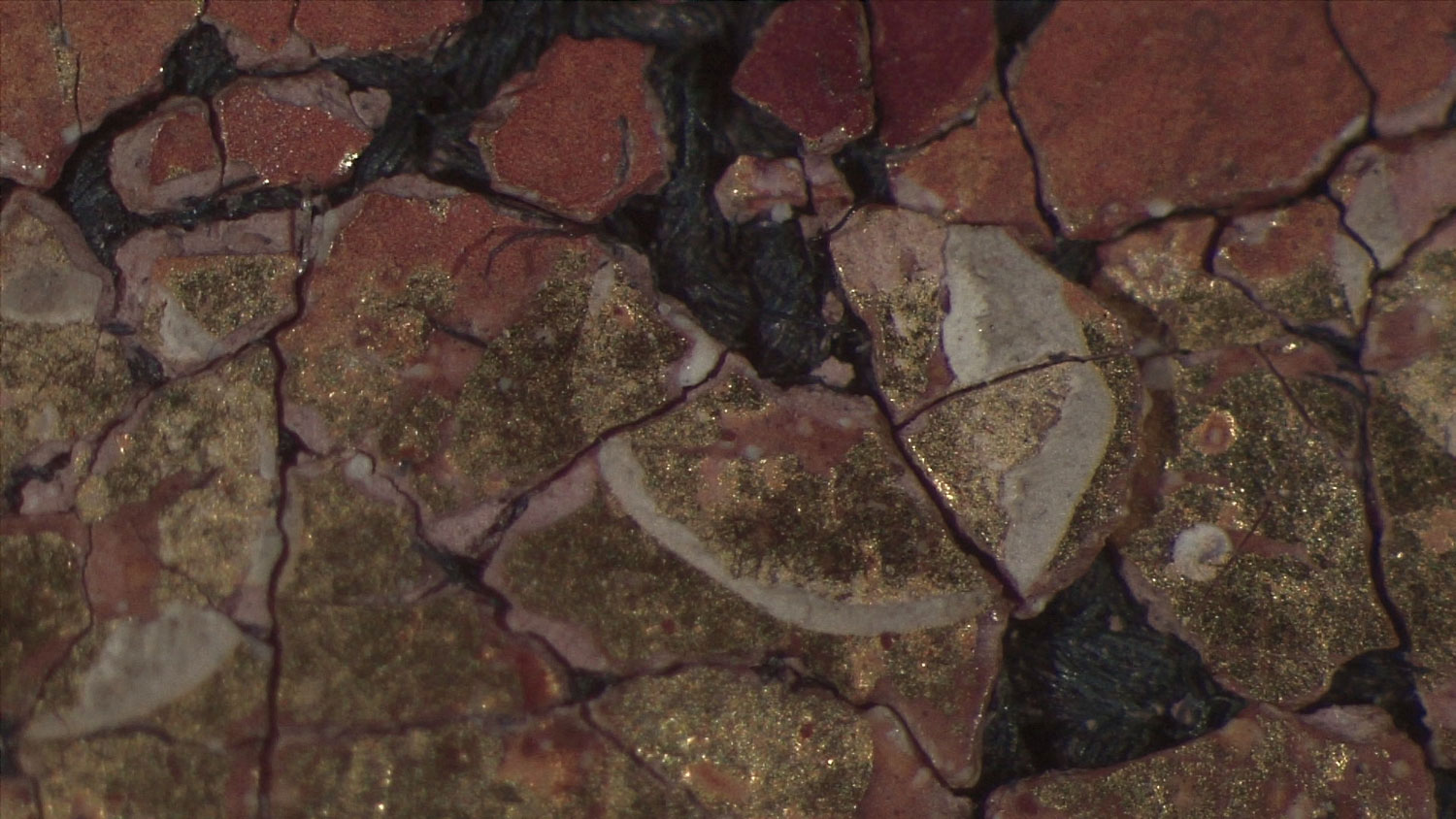     Microscopic view shows cracked red and gold paint on navy fabric.