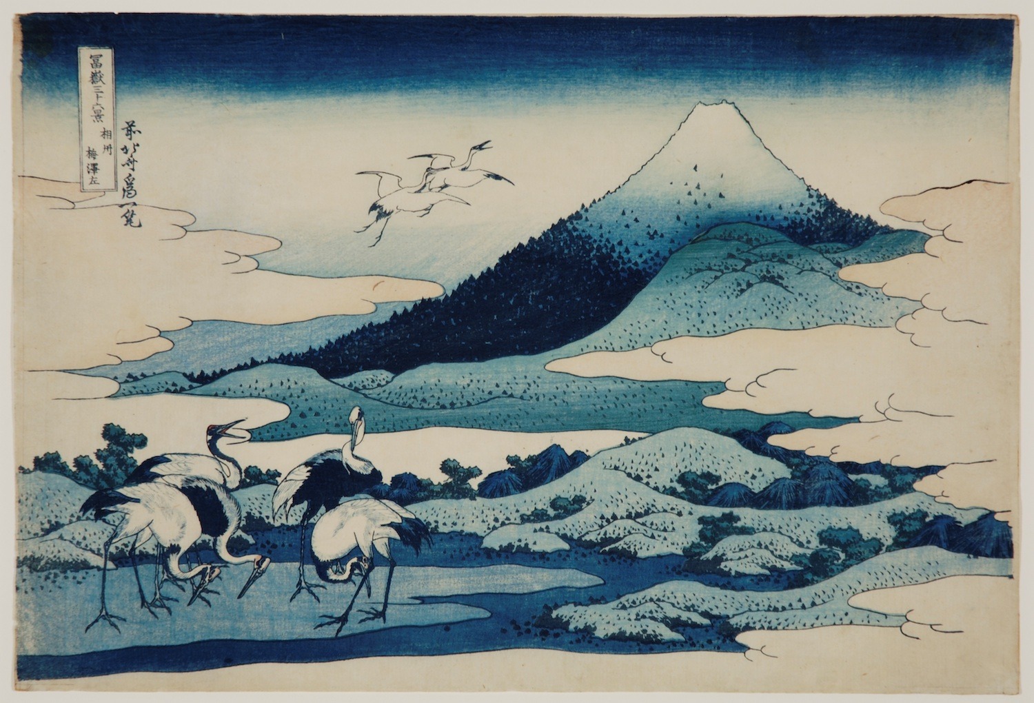 Mount Fuji with birds standing in front and in the air on left, all in shades of blue.