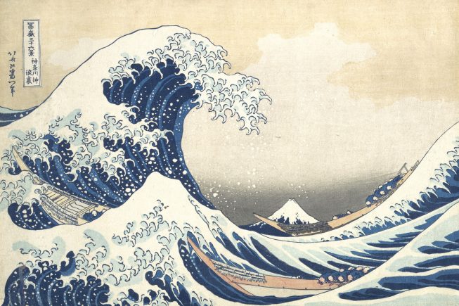 A print of a large body of water with large blue wave and three wooden boats.
