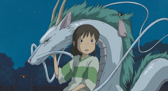 Animation still of a young girl in a striped shirt next to a dragon.