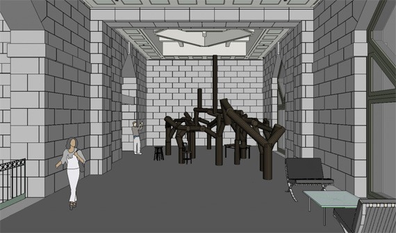 Scaled mockup Sackler Pavilion with wooden sculpture.