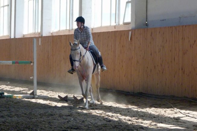 A rider on horseback in a dirt-floored building.