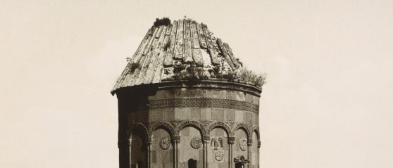 Detail of photograph showing the decaying roof or a run down church.