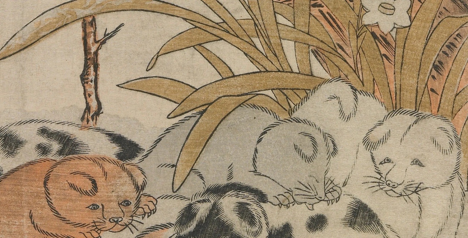 Woodblock print of puppies in the snow.