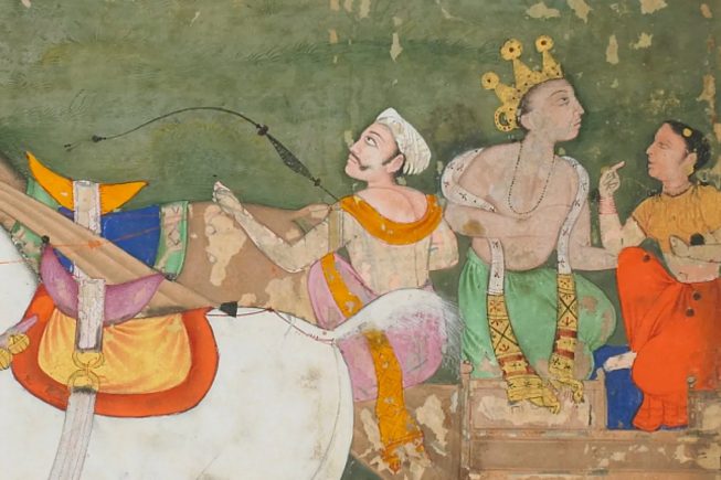 Detail, painting of men being driven in a horse chariot