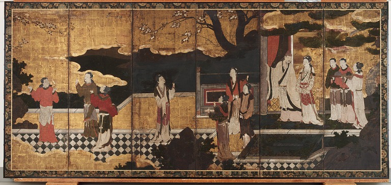 Paining depicting Japanese figures standing along a checkered walkway.