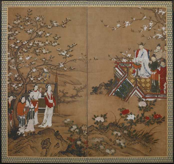 Painting depicting figures standing under a flowery tree across from the emperor standing on a deck.