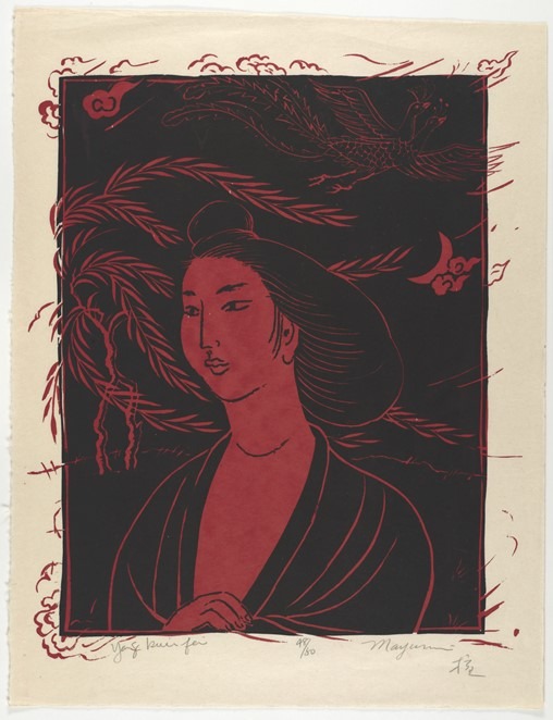 Black and red portrait of a woman with plants and a flying bird in the background.