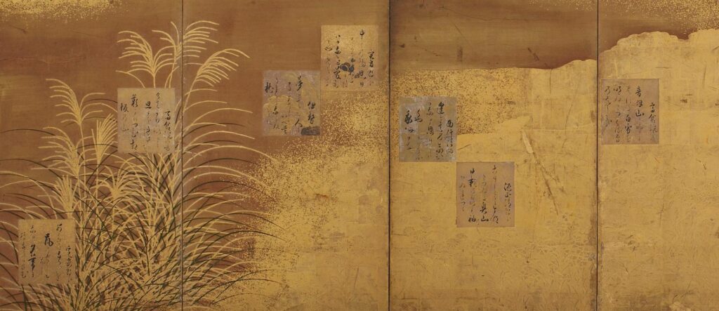 Chinese and Japanese oriental painting with golden texture. Golden