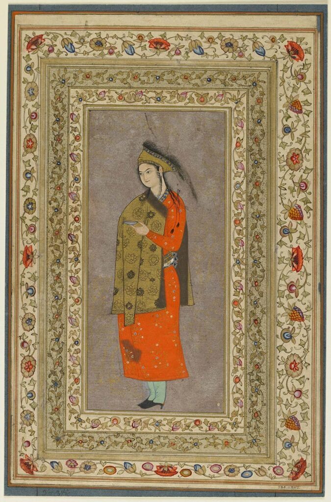 A portrait of a standing young man wearing fine red and gold garments, surrounded by the painted floral borders of a manuscript folio.