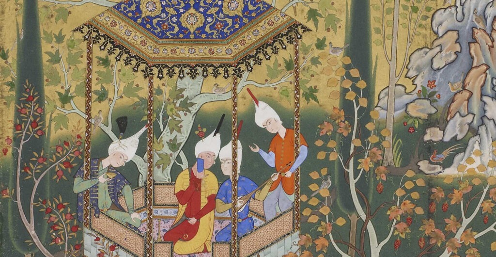 A lush scene painted predominately in green and gold of a Persian garden with a central group of figures in an ornate, covered architectural structure; flowering and fruiting plants; and birds.