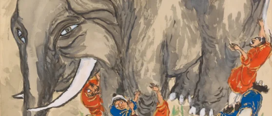 Painting of four men described as blind, two wearing red and two wearing blue jackets are standing next to and climbing on an elephant