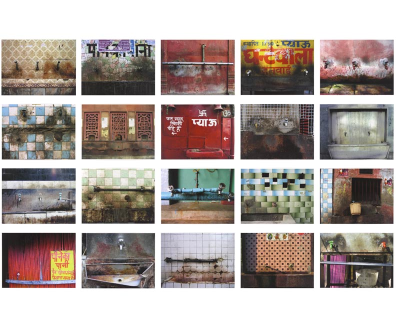 Twenty photographs are arranged in a five-by-four grid. Each image depicts one or more faucets belonging to different public drinking fountains. The fountains appear in diverse locations against colorfully tiled or painted walls, some with signs, posters, or religious icons. Both the fountains and their surroundings are dilapidated, showing rust, dirt, and signs of disrepair.