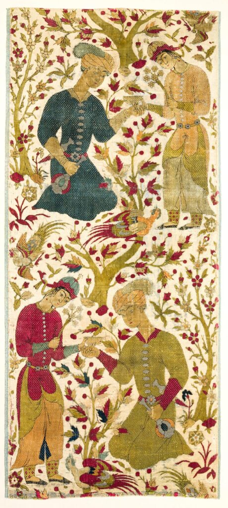 A textile with four embroidered figures surrounded by flowering plants.