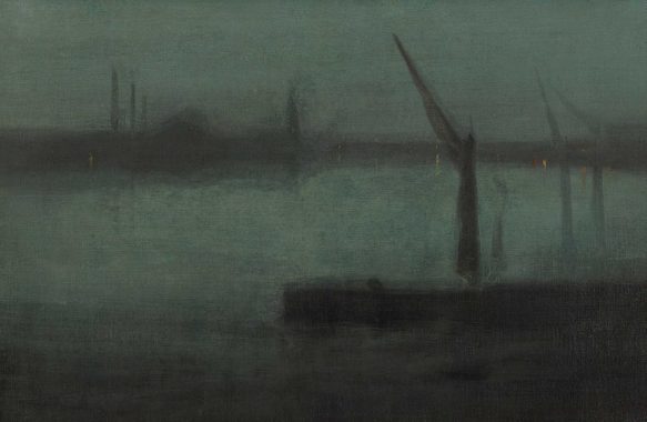 A moody water scene with a dark shape in the foreground, from Nocturne