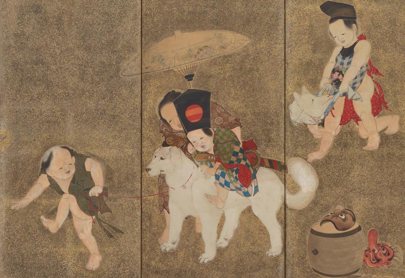  in this detail from a screen depicting children playing, a child riding a dog masquerades as Momotaro (Peach Boy) who traveled to Demon Island with a dog, pheasant, and monkey in search of treasures for his beloved foster parents