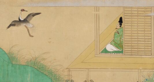 Detail from a scroll on view beginning June 1: Tale of the Crane (Tsuru no monogatari), a crane flying over a green hill near a man sitting in a small building.