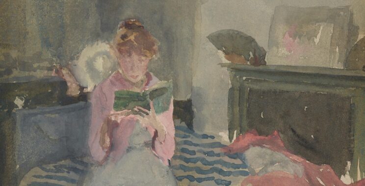 woman reading on a bed, rendered in watercolor