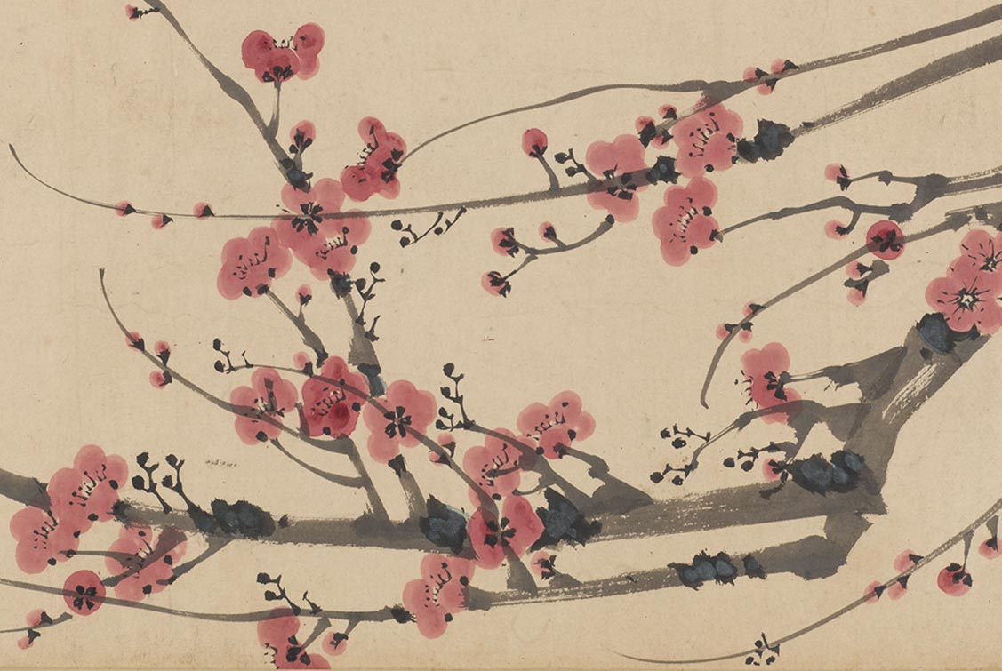 Detail of painting of red plum blossoms