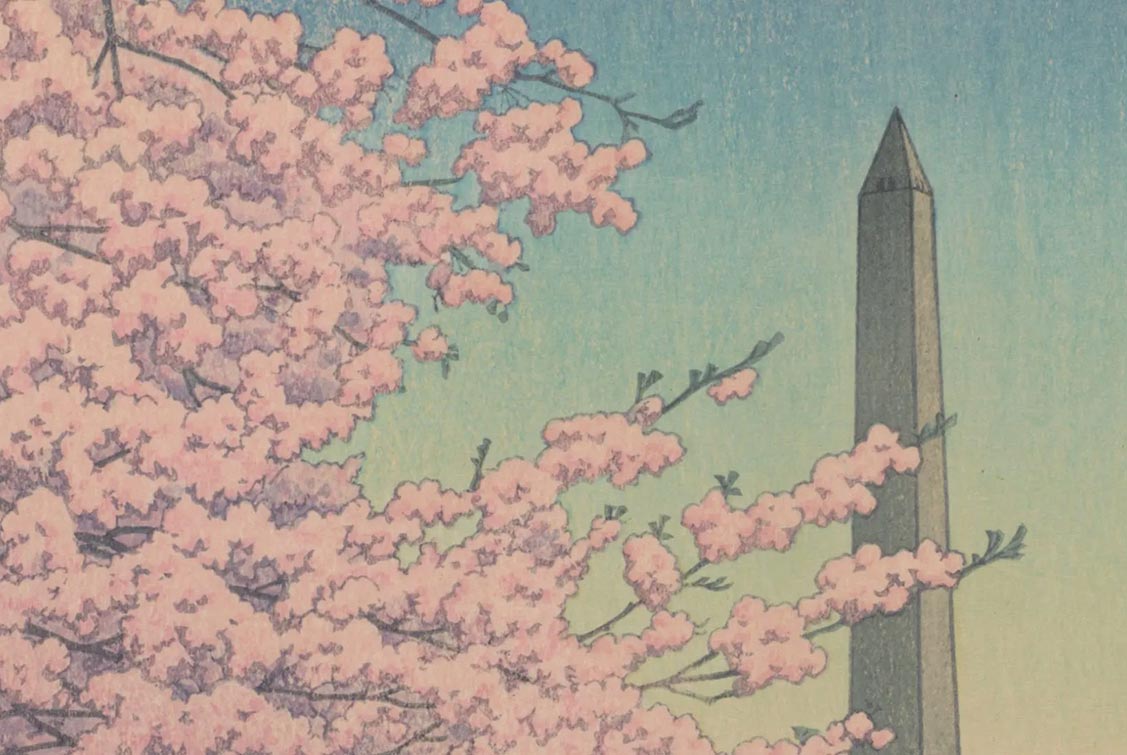 Detail of woodblock print depicting cherry blossoms in front of the Washington Monument