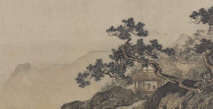 A robed man floats against a pale sky, trees and mountains to his left. Detail from The Thatched Hut of Dreaming of an Immortal.