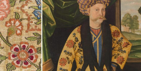 Side-by-side images: on the left, a colorful embroidered floral textile; on the right, a painted portrait of a man with a large mustache in a turban and a floral garment that echoes the pattern of the textile on the left.