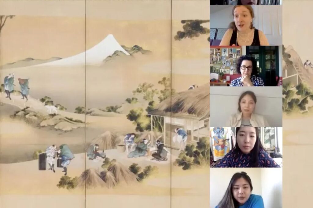 a zoom meeting with a japanese print and participants faces in a row on the right