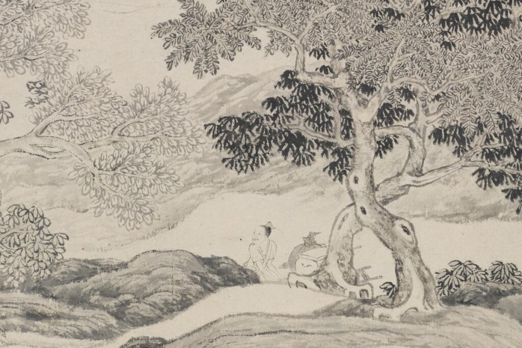 detail from an ink painting showing a scholar under a tree in a landscape.