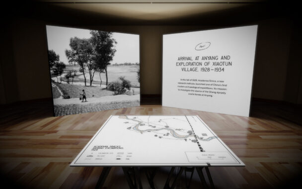 3d rendering of 3 video screens displaying anyang map and archival photos.