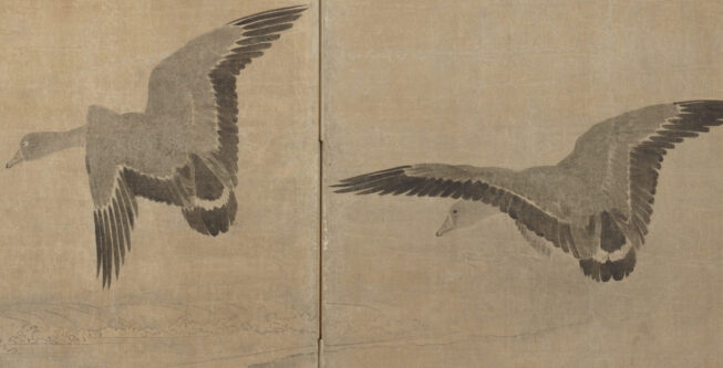 Two geese, painted in varying shades of gray ink wash, are suspended mid-flight with sketchy crashing waves drawn delicately in the background.