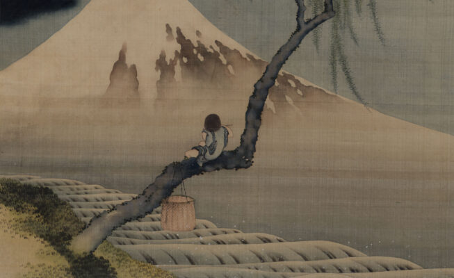 detail from a Japanese painting showing a boy sitting on a branch with mt fuji rising, snow covered, in the background