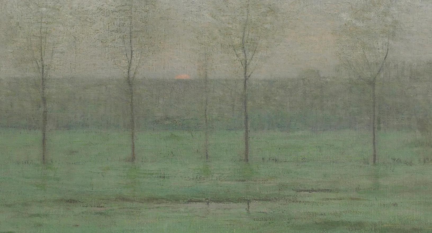 Detail of a painting of spring trees in a field, with an orange sun low in the sky over the horizon.