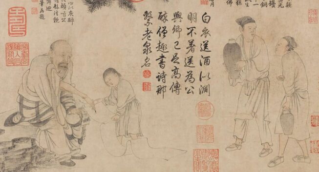 A detail of a scroll containing both images and calligraphy, depicting an old man seated on a rock and writing on a scroll stretched out by a child, as well as two men carrying jugs as they walk and converse with each other.