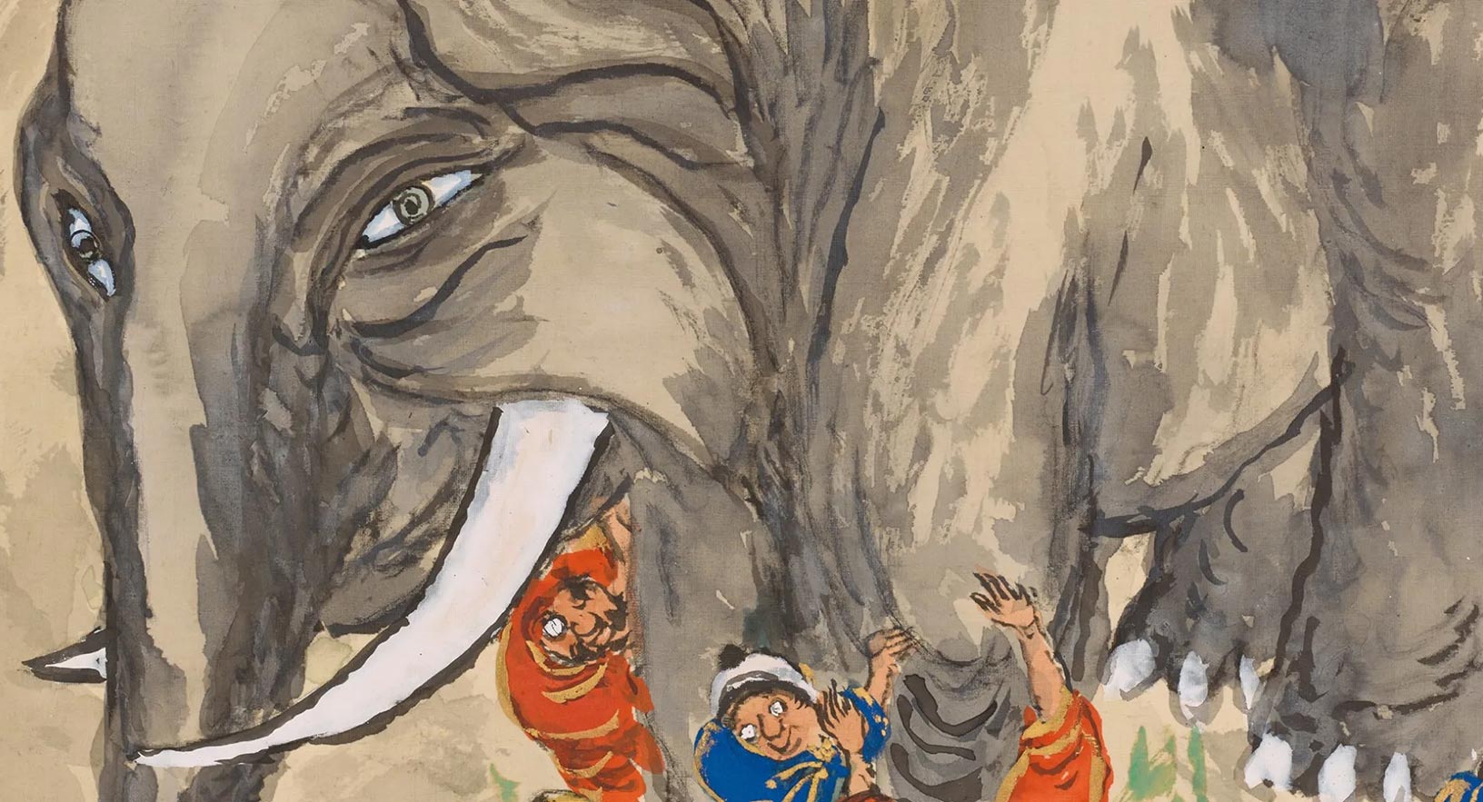 A close-up view of an elephant, painted in quick, expressive brushstrokes, being examined by five blind men touching its legs.