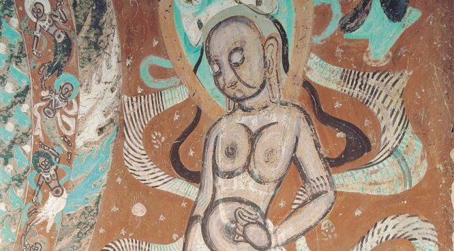 detail, Attendant bodhisattva, first half of 5th century. Ink and color on clay wall. Mogao Cave 272, Dunhuang, Gansu Province. Photo © Dunhuang Academy