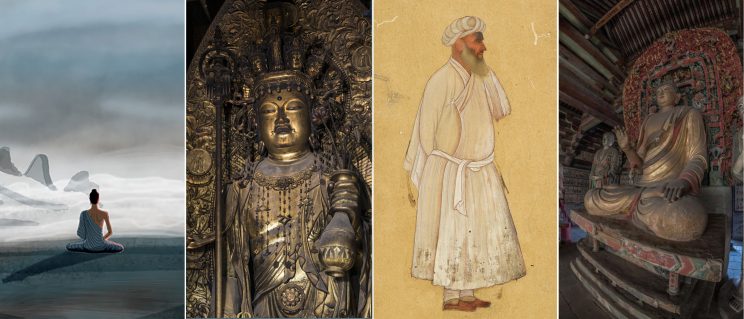 collage of images of an animation still, a gilded Buddhist sculpture, a man in white garment and turban, and a 3D reconstruction of an interior of hall with multiple Buddhist sculptures