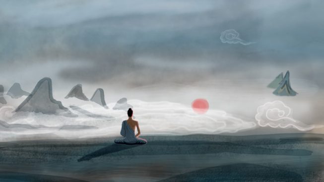 animation still with back of seated robed figure looking towards cloudy mountains and a red setting sun