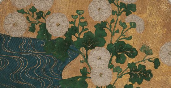 A painting of chrysanthemums and a brook.