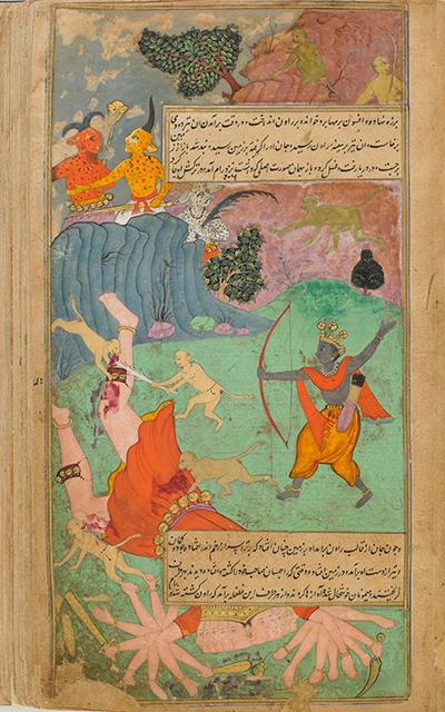 an archer and monkeys attacking a many-headed, many-armed giant