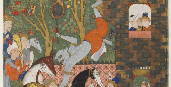 Folio detail showing a figure mid air holding a torch in one hand and another person's neck in the other. Onlookers and horses view the action.