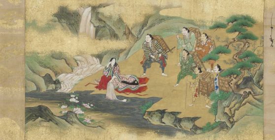 Long-hair figure sits next to a stream of water while a group of samurai are gathered a few paces away.