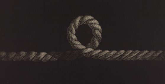 A single looped tan rope against a black background.