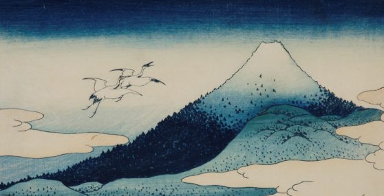 Print depicting a mountain in shades of blue and white. On the left, two white feathered birds are in flight.